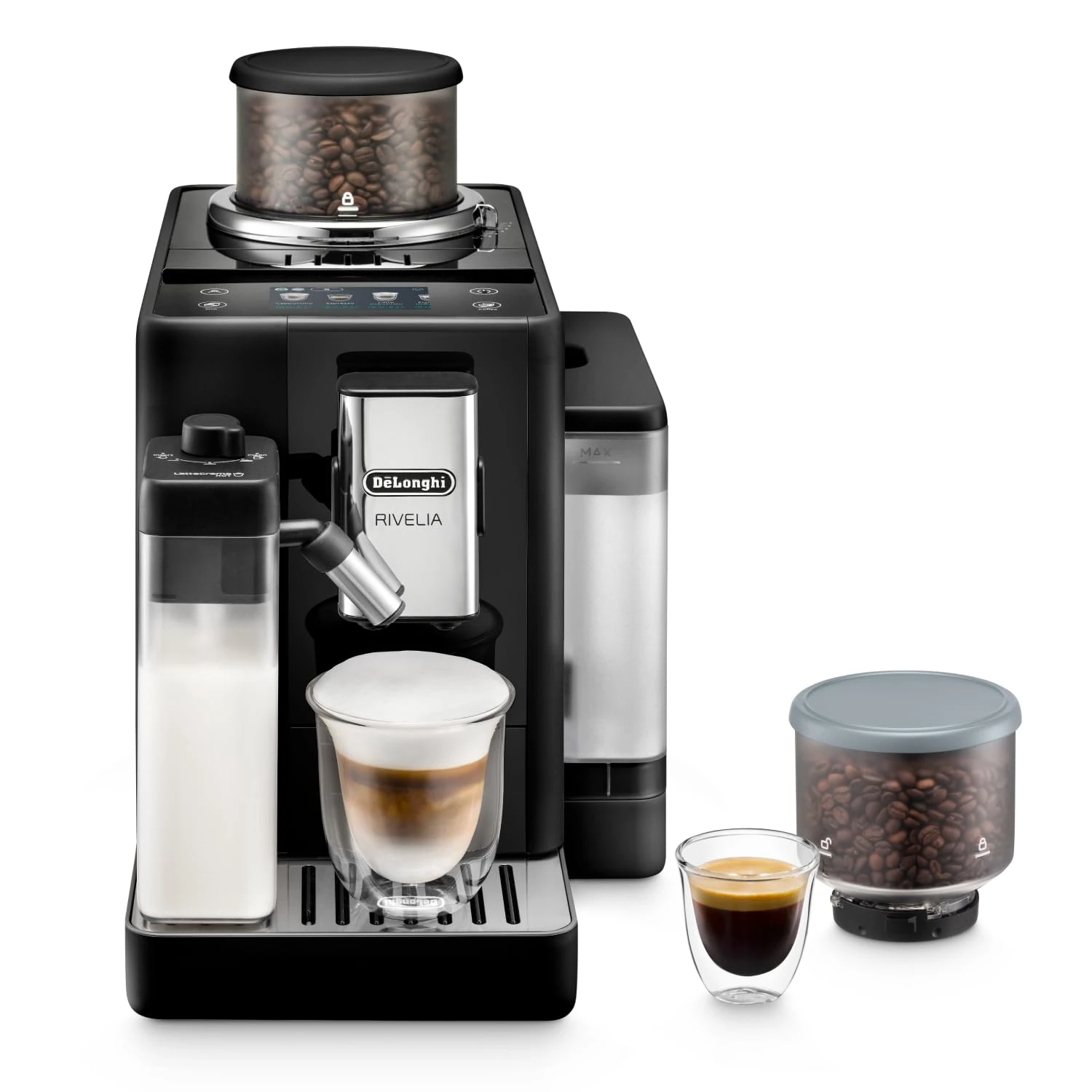 De'Longhi Rivelia EXAM440.55.B, Fully Automatic Coffee Machine with LatteCrema Hot, Automatic Milk Frother, Compact Size Bean to Cup Coffee Machine, 16 Recipes, Full Touch Colored Display, Black