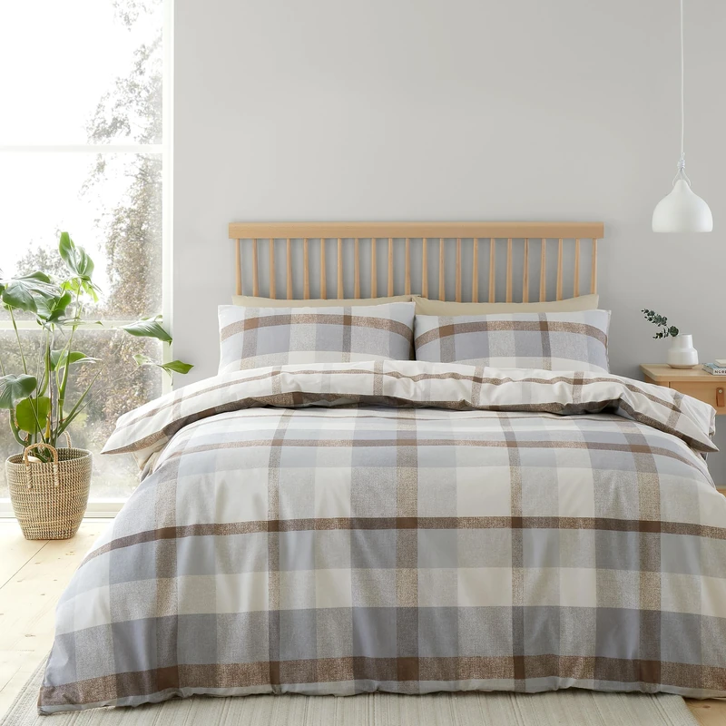 Catherine Lansfield Brushed Cotton Check Reversible King Duvet Cover Set with Pillowcases Natural