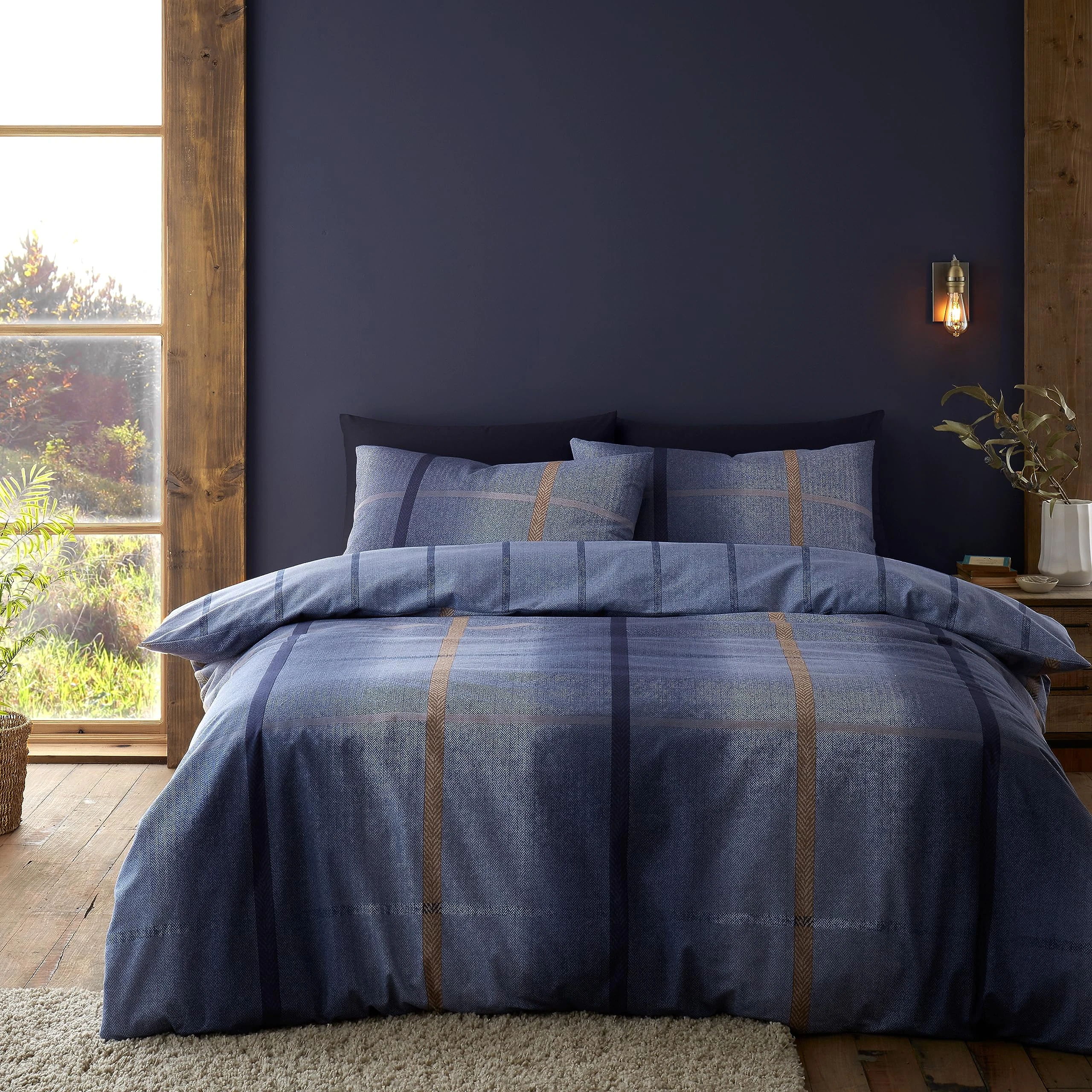 Catherine Lansfield Brushed Cotton Melrose Tweed Check Reversible Single Duvet Cover Set with Pillowcase Blue