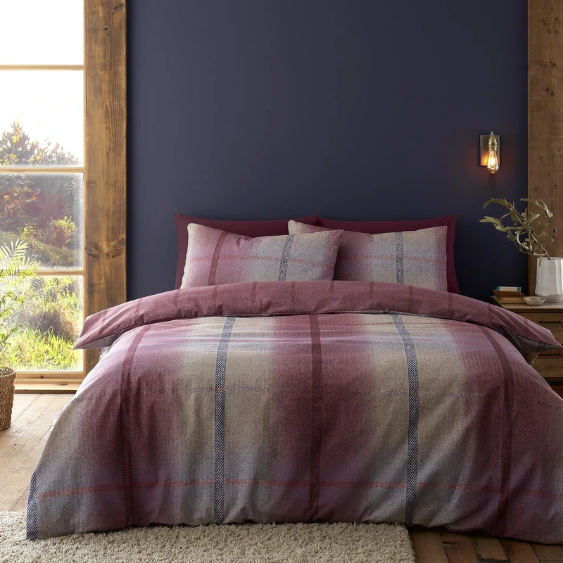 Catherine Lansfield Brushed Cotton Melrose Tweed Check Reversible King Duvet Cover Set with Pillowcases Plum