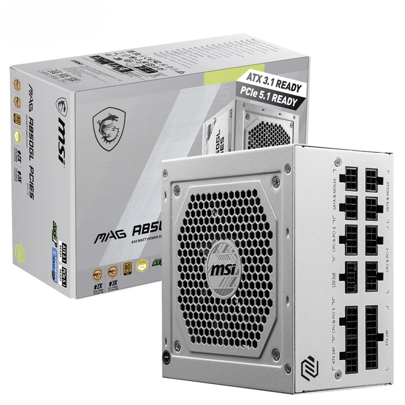 MSI MAG A850GL WHITE PCIE5 Power Supply Unit, 850W, 80 Plus Gold, Fully Modular, ATX 3.0, PCIe 5.0 GPU Support, Black Flat Cables, 7 Year Warranty