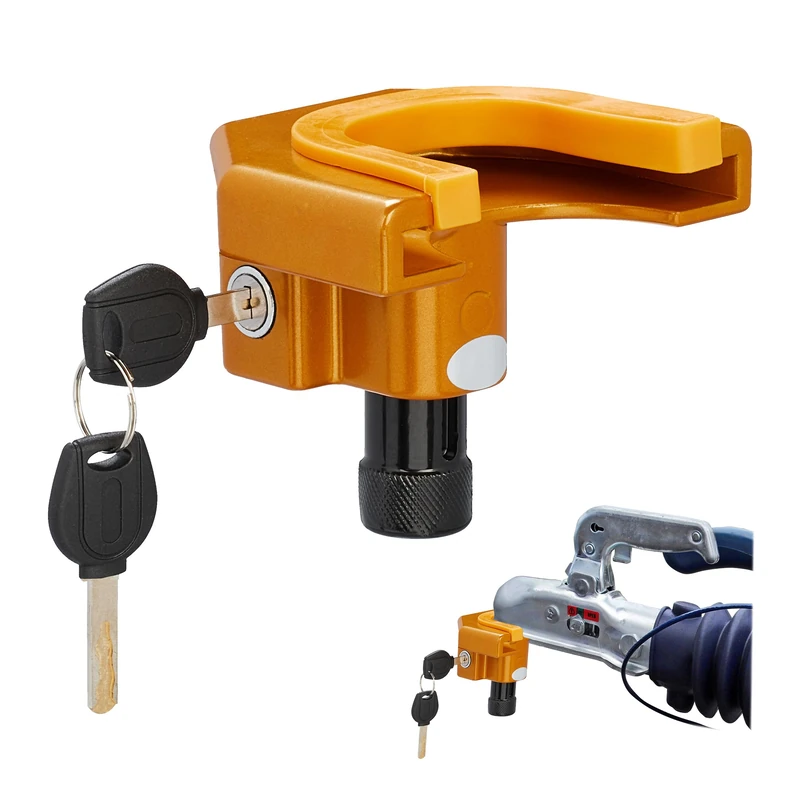 Relaxdays Trailer Lock for Couplings, 2 Keys, Theft Protection Device, Caravan, Trailer, 9.5 x 22 x 9 cm, Orange/Black