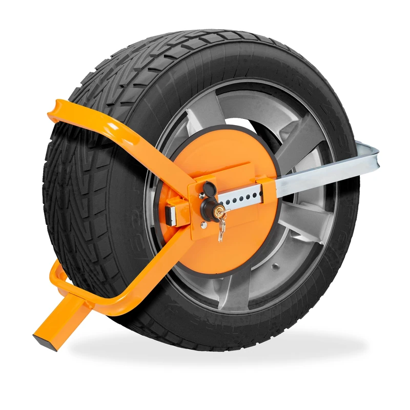 Relaxdays Wheel Clap for 13-15 Inch Tyres, Parking Car, Trailer, Camper, Caravan, Theft Protection Device, Orange, Steel, 48 x 68 x 31.5 cm