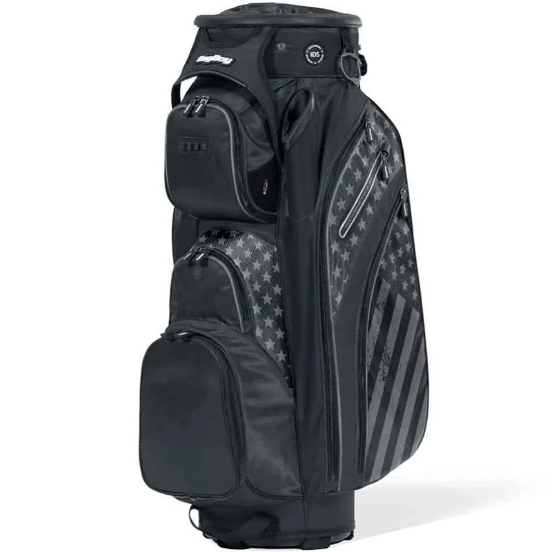 Bag Boy Revolver XP Golf Cart Bag, 14 Way 360⁰ Rotating Top with Full Length Individual Dividers, External Putter Tube, 9 Pockets, Black/Stars and Stripes