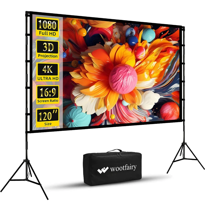 wootfairy 120 inch Projector Screen with Stand, Foldable and Portable Projection Screen 16:9 4K HD Rear Front Wrinkle-Free Movie Screen with Carry Bag for Indoor Outdoor Home Theater Backyard Cinema