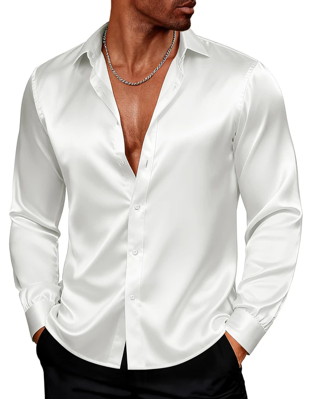 PJ PAUL JONES Men's Shiny Satin Dress Shirts Long Sleeve Button Down Silk Shirt with Bow Tie, White, XL
