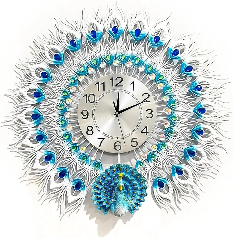 EURSON Large Peacock Wall Clock 23.6 inch Non-Ticking Silent Crystal Creative Personality Modern Art Decorative Wall Clocks for Living Room Decor