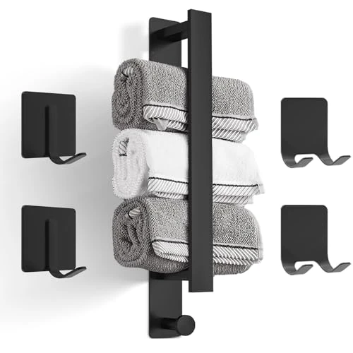 Stainless Steel Towel Rail - No Drilling Required, Self-Adhesive, 40 cm, 2 Towel Hooks & 2 Razor Holders (Black)