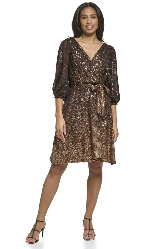 DKNY Women's Ombre Sequin Surplice Dress Special Occasion, Copper Multi, 14