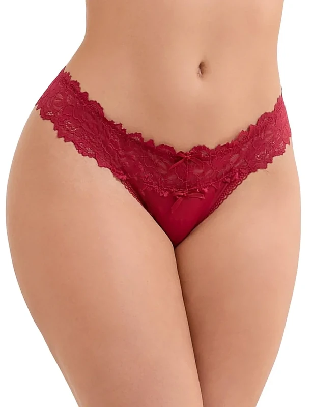 ohyeahlady Red Thongs for Women Sexy French Knickers Stretchy Satin Lace Underwear Soft Cotton Crotch Hipster Bikini Brazilian Christmas Knickers Plus Size 12 14