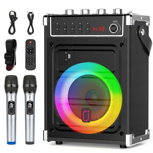 JYX Karaoke Machine With 2 UHF Wireless Microphones, Bass/Treble Bluetooth Speaker With LED Light, Support TWS, AUX In, FM, REC, Supply For Party/Adults/Kids, Black
