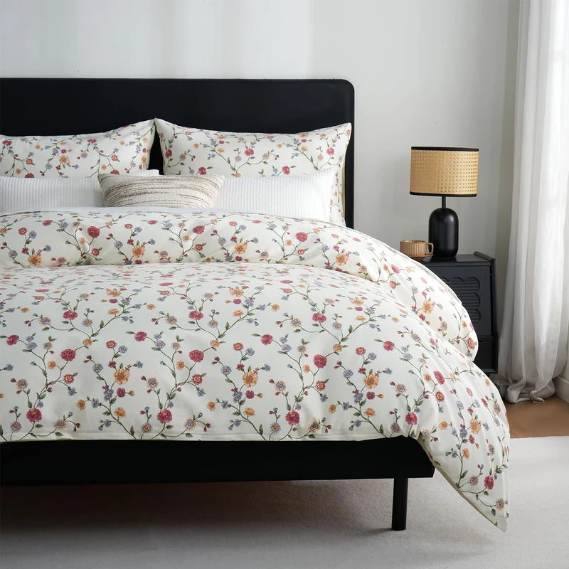 Zusbest Duvet Cover King Floral Bedding 100% Cotton, Flannel-Like for Extra Soft, Cottagecore Bedding Reversible Off White Red Flower Green Printed Zipper Comforter Cover Set 3 Pieces- No Filling