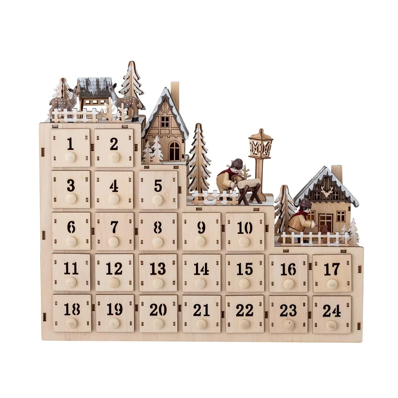 Bloomingville Richie Advent Calendar - Plywood Castle with Lighting - 24 Drawers for Filling - Advent Calendar Nature - 38 x 33 x 10 cm