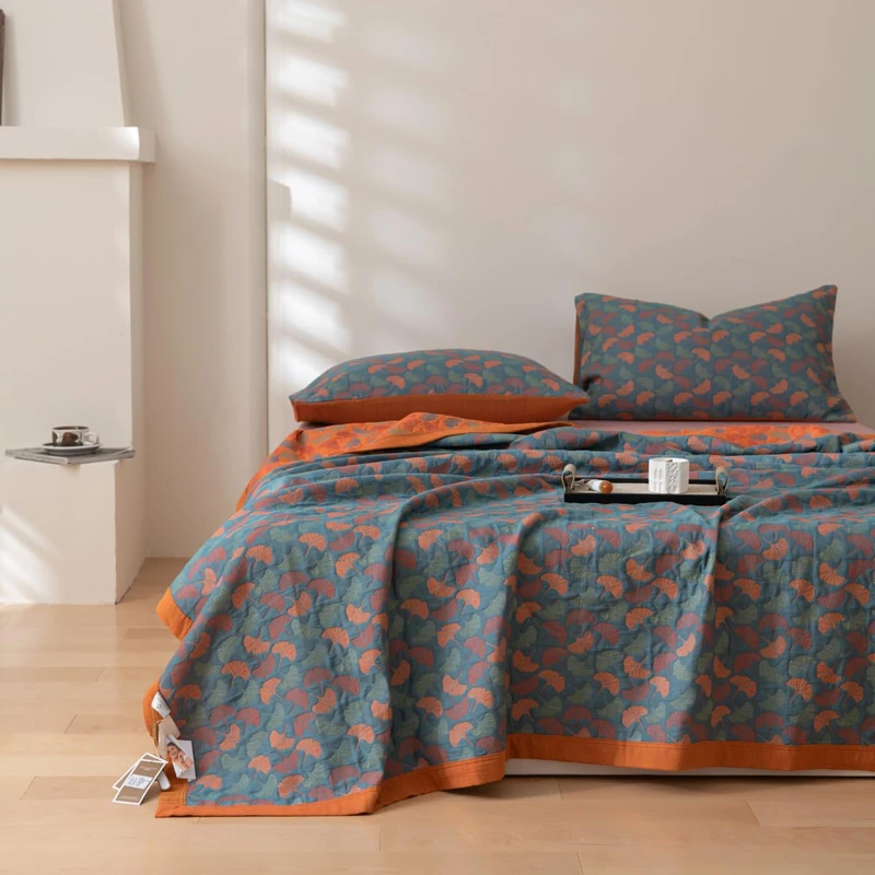 Purefair 100% Cotton Muslin Blanket Jacquard Floral Ginkgo Leaves Print Quilt, Soft Bed Cover 3 Layers Reversible Bedspread Coverlet Breathable Lightweight Bedding King(98"x94"), No Pillow Sham