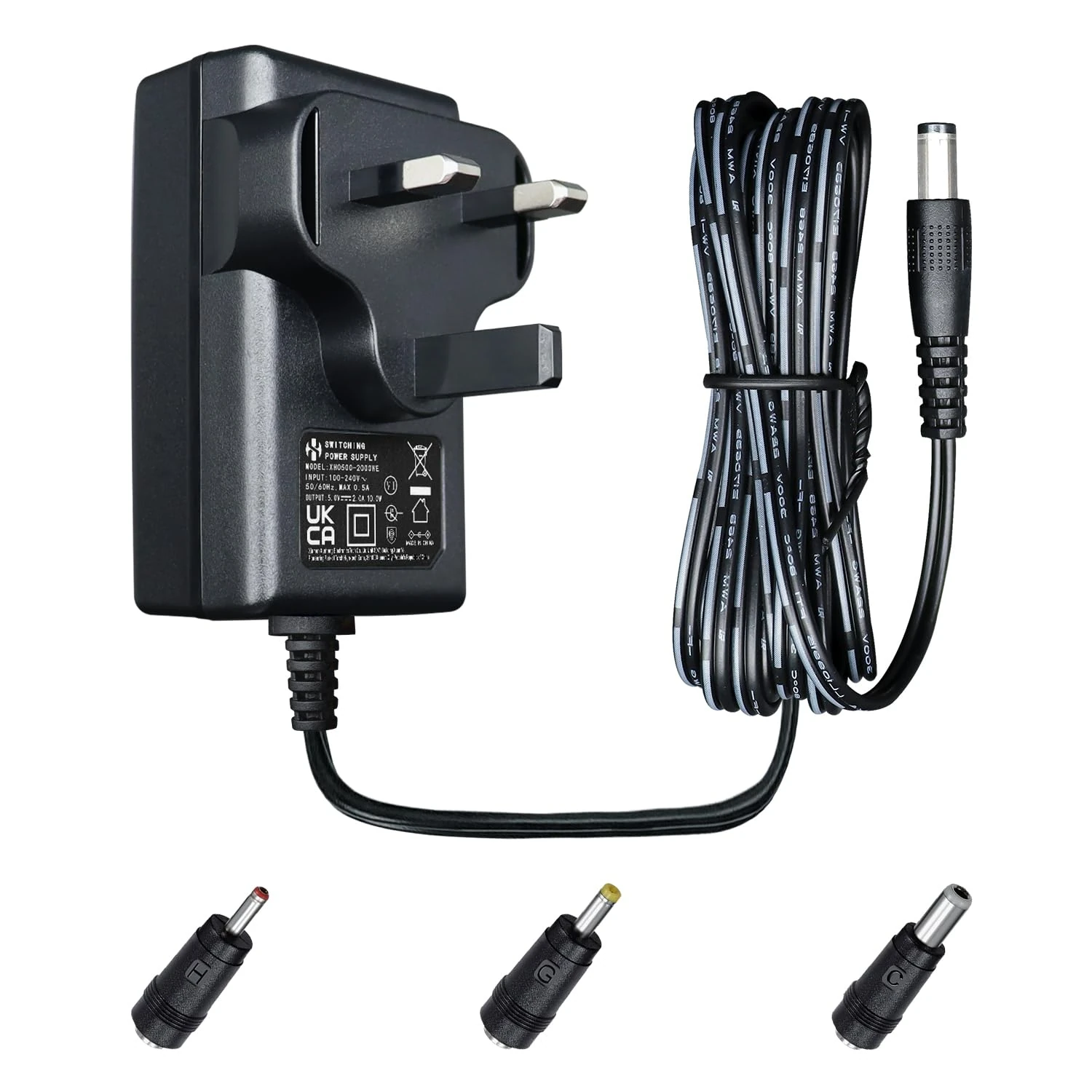 5V 2A 10W 1.8M Long Power Supply Adapter, AC DC Switching Adapter (Input 100-240V, Output 5Volt 2Amp 2000mA), Wall Mount Transformer Plug with 3 Interchangeable Adapter Jacks, UKCA Listed