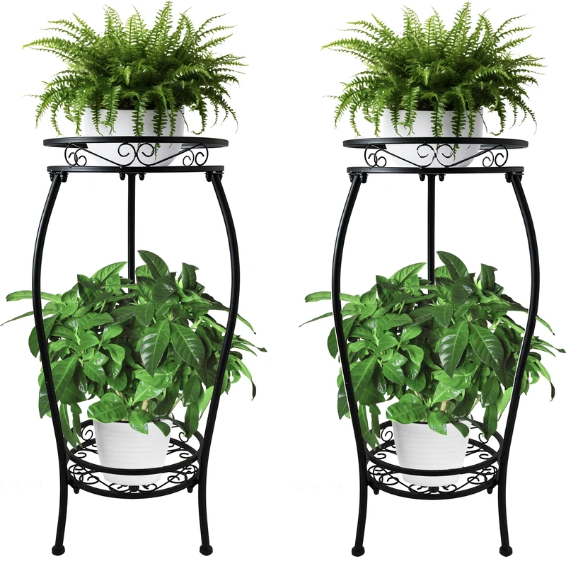 CASIMR 2Pack Plant Stand Indoor Outdoor, 2 Tier 26.6" Tall Metal Potted Holder Rack Multiple Flower Pot Stand Heavy Duty Plant Shelf Rustproof Iron Plant Round Supports Rack