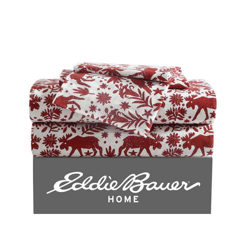 Eddie Bauer - Full Sheets, Cotton Flannel Bedding Set, Brushed for Extra Softness, Cozy Home Decor (Arcadia Red, Full) - Image 1