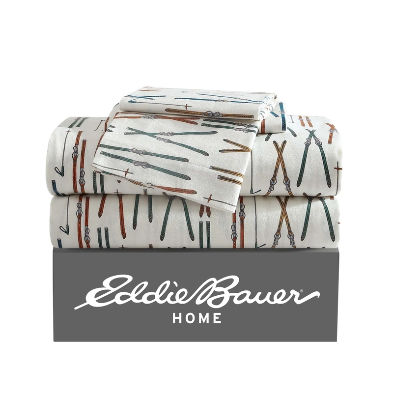 Eddie Bauer - Queen Sheets, Cotton Flannel Bedding Set, Brushed for Extra Softness, Cozy Home Decor (Ski Line White, Queen)