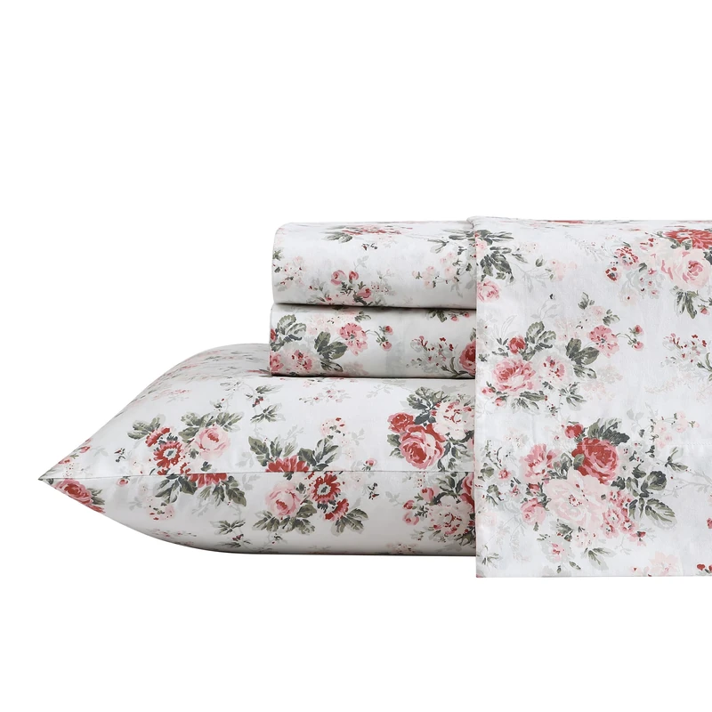 Laura Ashley - Twin Sheets, Cotton Percale Bedding Set, Lightweight & Breathable Home Decor (Ashfield Pink, Twin)