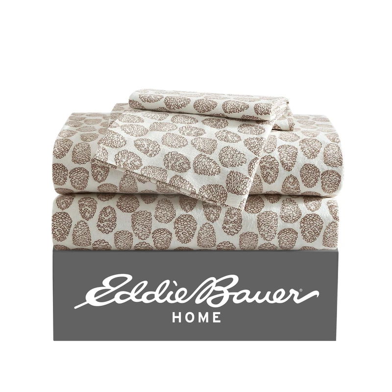 Eddie Bauer - King Sheets, Cotton Flannel Bedding Set, Brushed for Extra Softness, Cozy Home Decor (Little Creek Pine Cone Beige, King)