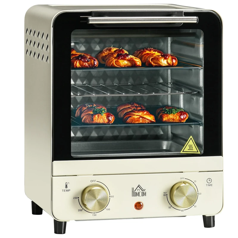 HOMCOM Mini Oven 15 Litres 60-230℃ Adjustable Temperature 1000W Cream White