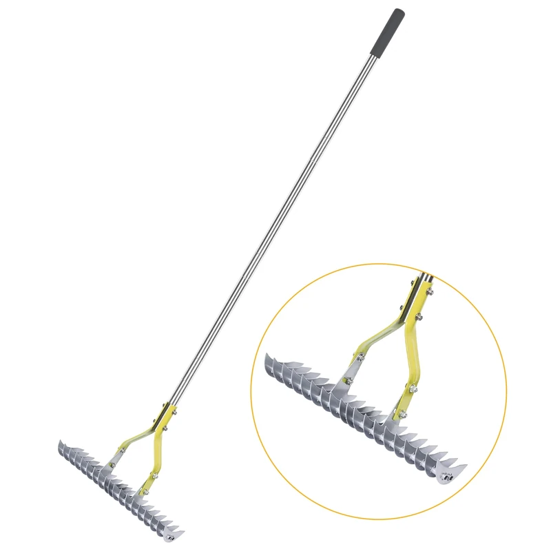 BARAYSTUS Thatch Rake, 15-Inch Wide Lawn Thatching Rake for Cleaning Dead Grass, Efficient Steel Metal Grass with Stainless Handle, loosening Soil 58.5-Inch Length. (JDUS1145)