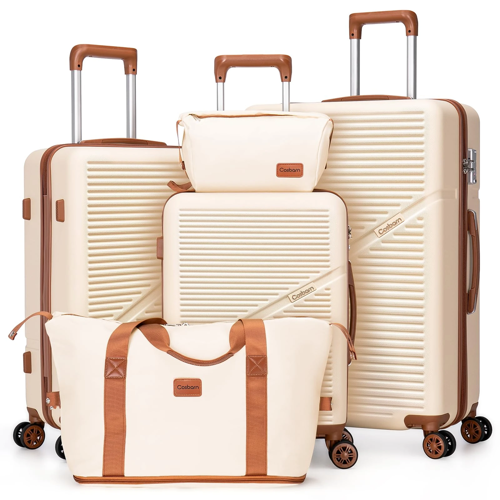 Cosbarn 5 Piece Luggage Sets with Spinner Wheels…, Beige, Luggage Set, Suitcases with Wheels