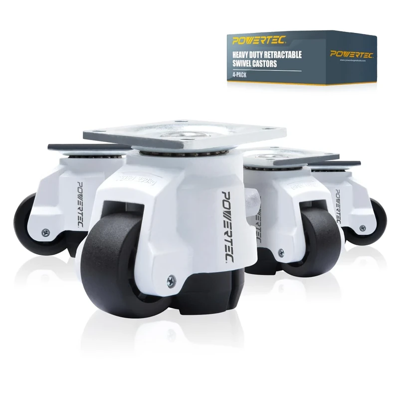 POWERTEC 17300 2-Inch Leveling Casters Set of 4 | Heavy Duty with Adjustable Ratcheting Handles | Retractable and Swivel Castors 4 PK