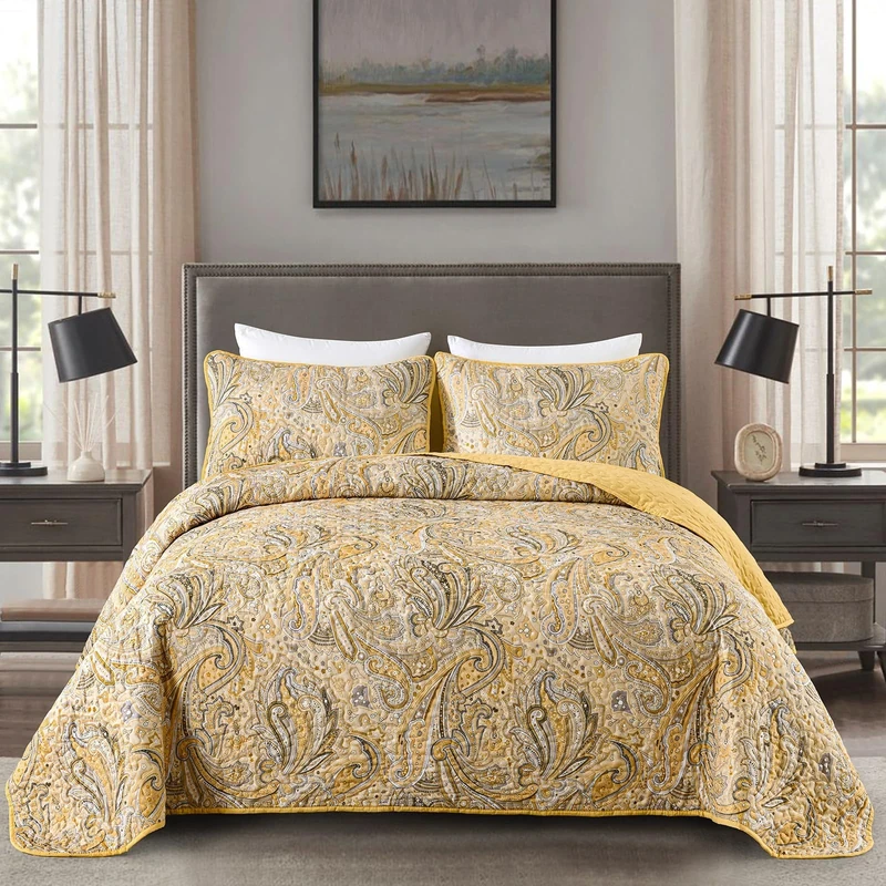 DJY Yellow Paisley Quilt Set King Size Boho Quilt Bedspread Set 3 Pieces, Soft Lightweight Paisley Floral Pattern Coverlet Bedding Set for All Season, 104''x90''