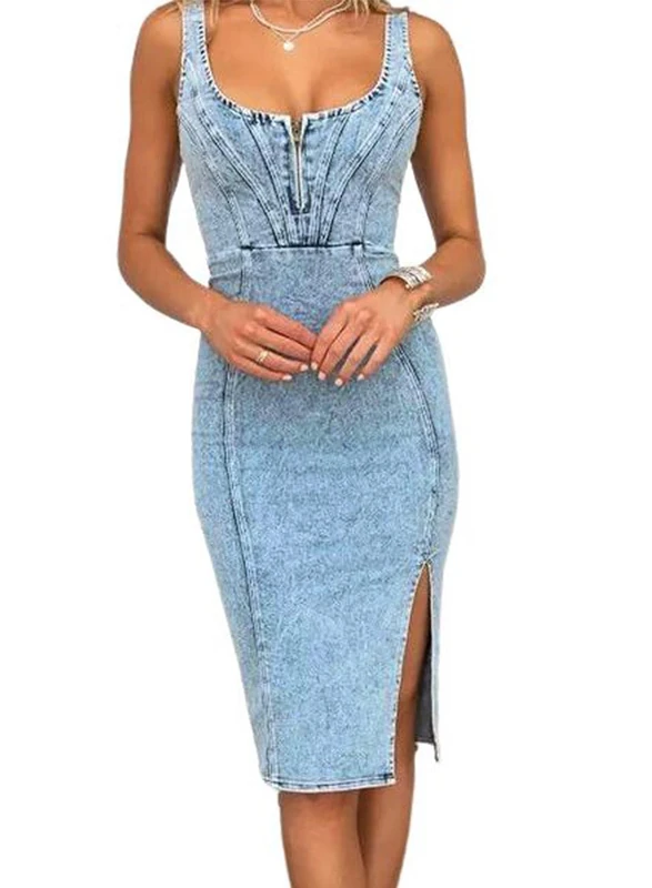 utcoco Denim Dress for Women Sleeveless Side Slit Bodycon Midi Jean Dresses for Women 2025, Light Blue, S