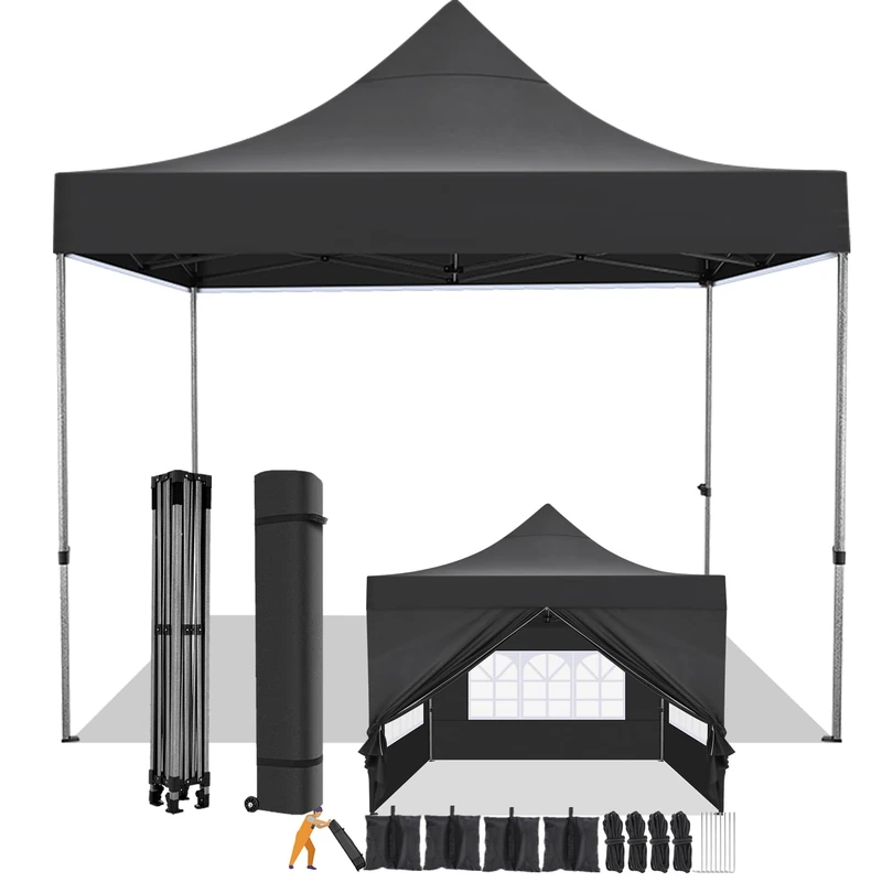 COBIZI Folding Gazebo, 3 x 3 cm, Waterproof, Stable, Winterproof with Side Walls, Pop-Up Gazebo, Party Tent, Sun Protection, Garden Gazebo, Foldable with Bag with Wheels (3 x 3 m, Black)