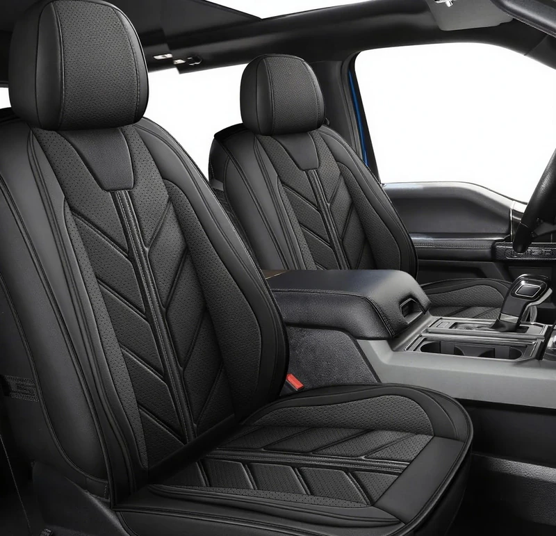 YOVEMEY Truck Seat Covers Compatible with Ford F-150 2009-2025 XL XLT Lariat King Ranch Platinum Tremor Pickup Faux Leather Cushion Protector Fit Ford F150 Crew Cab(Black, Front Seat)