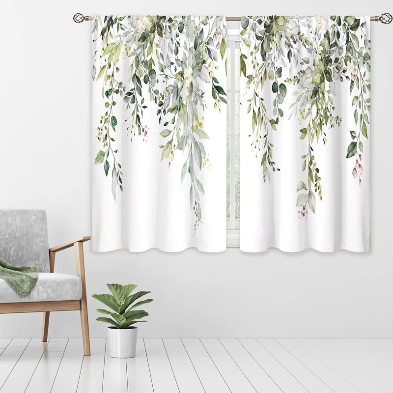 oolygoo TUKIMA Eucalyptus Leaves Watercolor Flower Window Treatments Curtains Wild Flower Pattern Window Treatments for Bedroom Living Room 2 Panels Sage Green 42x45 Inch