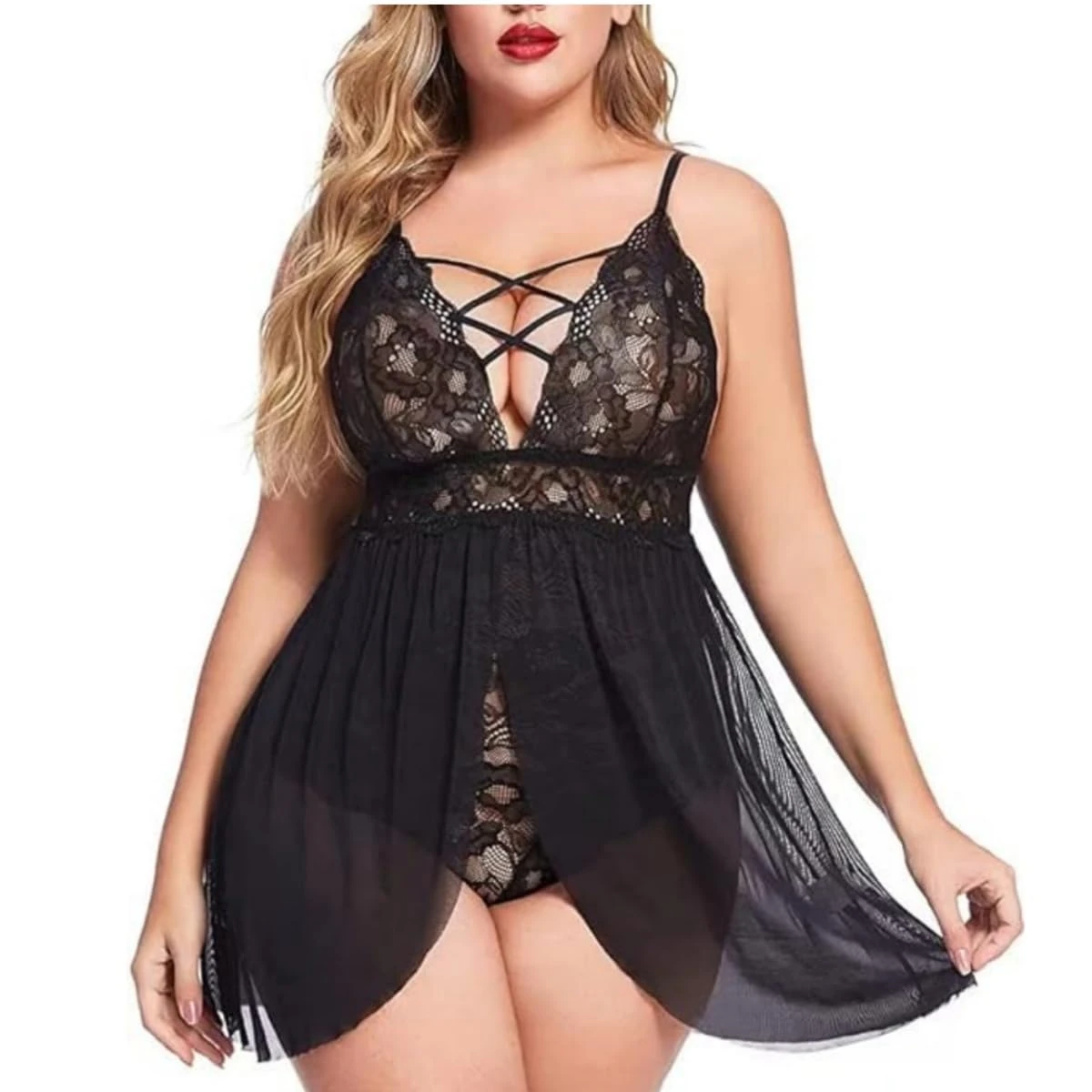 HOTSO Sexy Lingerie Babydoll Plus Size Women Chemise Nighties Lace Negligee Underwear One Piece Sleepwear Nightgown Ladies Nightwear (Black, XXXL)