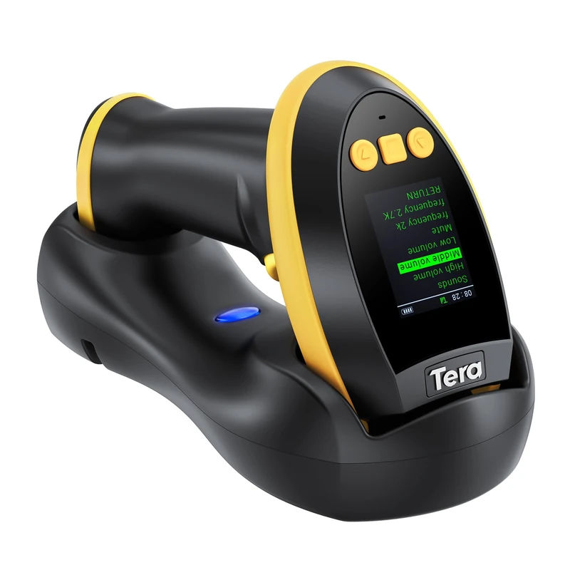 Tera 2D Wireless Barcode Scanner: with Digital Setting Screen & Keypad, Works with Bluetooth & 2.4G Wireless & USB Wired 1D 2D QR Handheld Image Bar Code Reader with Cradle for Warehouse HW0009 Yellow