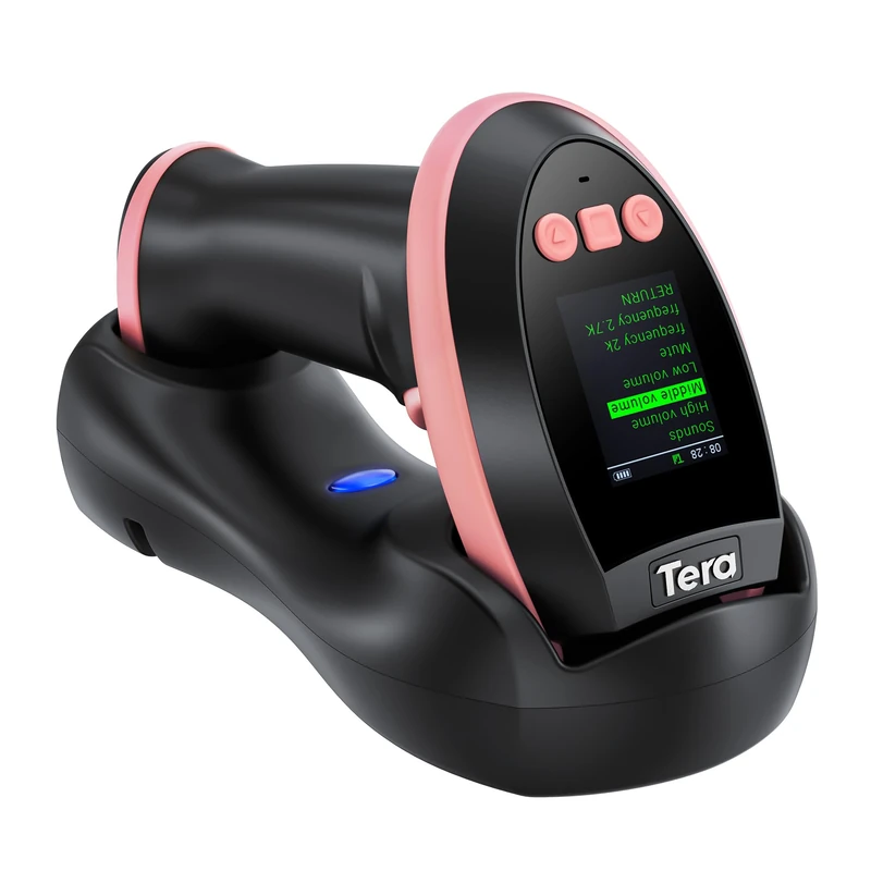 Tera 2D Wireless Barcode Scanner: with Digital Setting Screen & Keypad, Works with Bluetooth & 2.4G Wireless & USB Wired, 1D 2D QR Handheld Image Bar Code Reader with Cradle for Warehouse HW0009 Pink