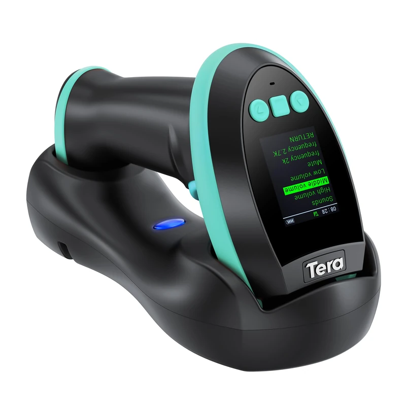 Tera 2D Wireless Barcode Scanner: with Digital Setting Screen & Keypad, Works with Bluetooth & 2.4G Wireless & USB Wired, 1D 2D QR Handheld Image Bar Code Reader with Cradle for Warehouse HW0009 Blue