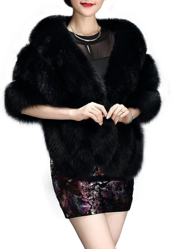 UMREN Women's Luxury Party Faux Fox Fur Long Shawl Cloak Cape for Winter, A-black, One Size