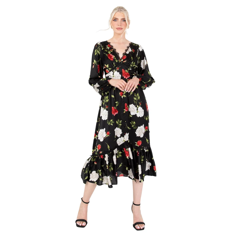 Lovedrobe Women's Midaxi Dress Ladies V Neck Long Sleeve Floral Ruffle Frilly Lace Trim Empire A-line Open Back for Wedding Guest, Black, 18