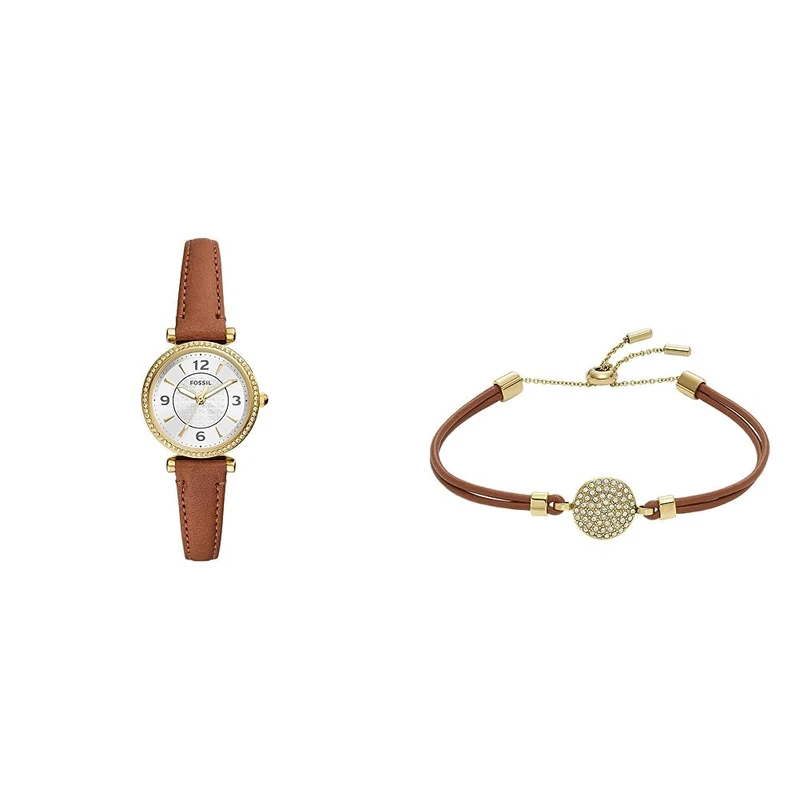 FOSSIL Women's Carlie and Components Bracelet Sadie - Gold-Tone Stainless Steel Watch and Glitz Disc Medium Brown Leather Bracelet