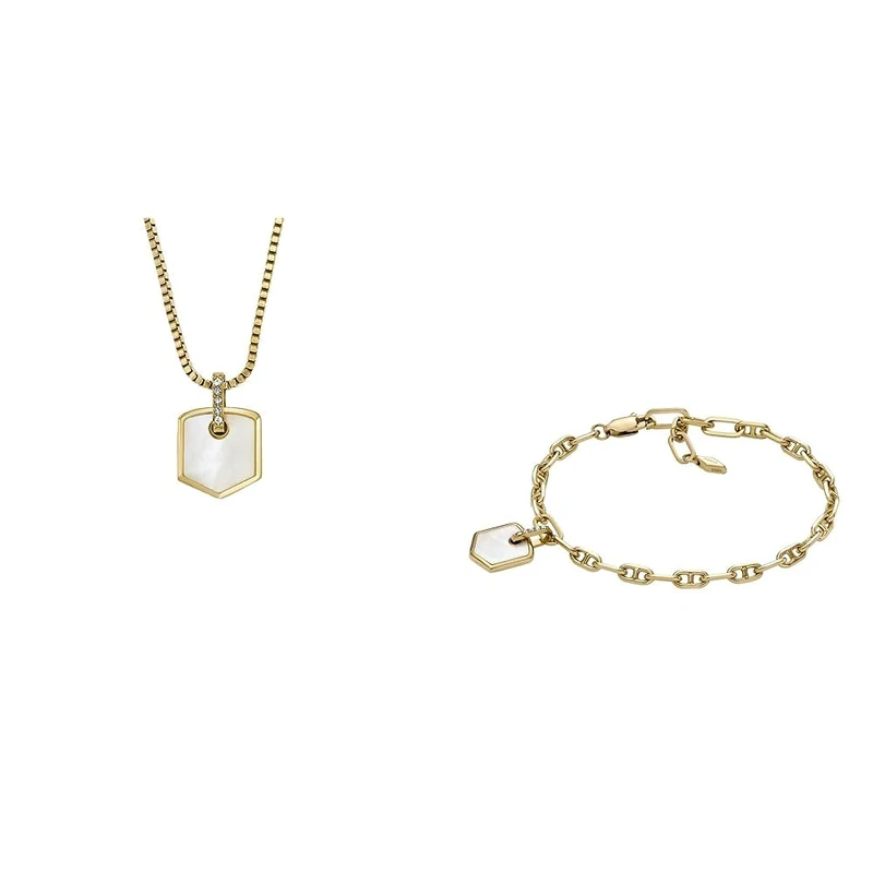 Fossil Women's Chain Necklace and Chain Bracelet - Heritage Crest Mother of Pearl, Gold-Tone Stainless Steel Necklace and Gold-Tone Brass Bracelet