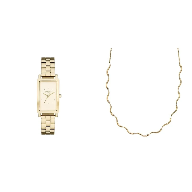 Skagen Women's Hagen Watch and Wave Chain Necklace - Three-Hand Movement, Gold-Tone Stainless Steel