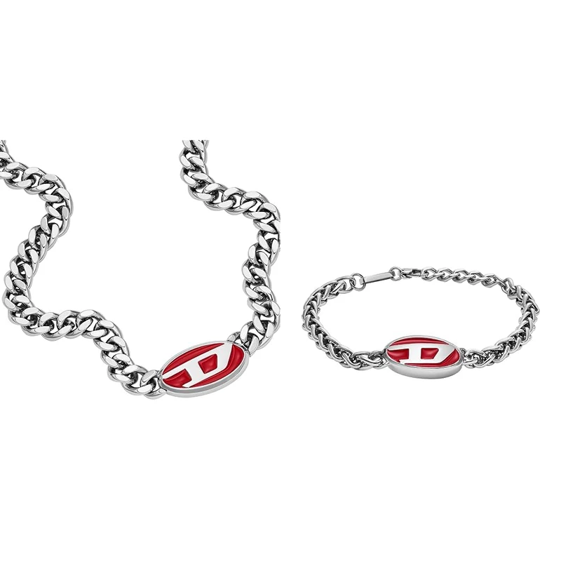 Diesel Men's Chain Necklace and Chain Bracelet - Red Enamel and Stainless Steel
