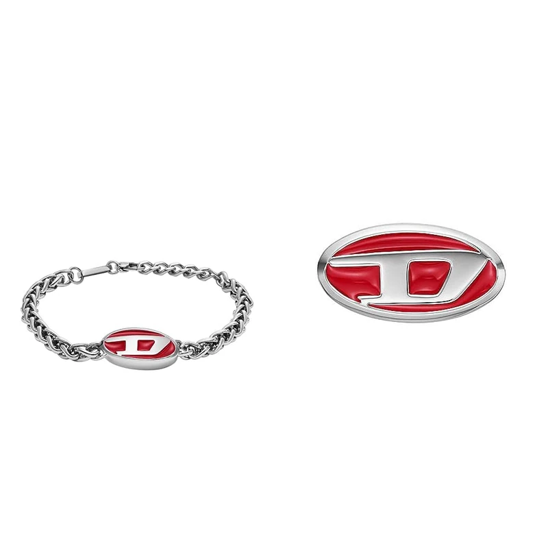 Diesel Men's Chain Bracelet and Stud Earrings - Red Enamel and Stainless Steel