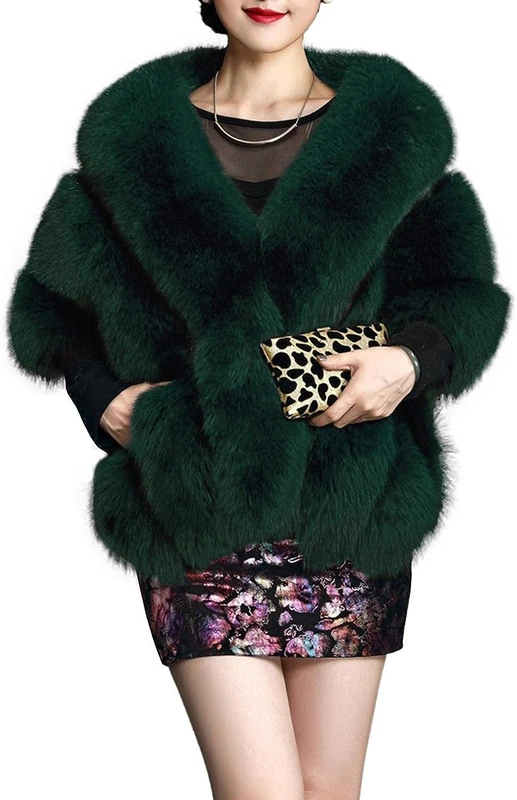 UMREN Women's Luxury Party Faux Fox Fur Long Shawl Cloak Cape for Winter, A-dark Green, One Size