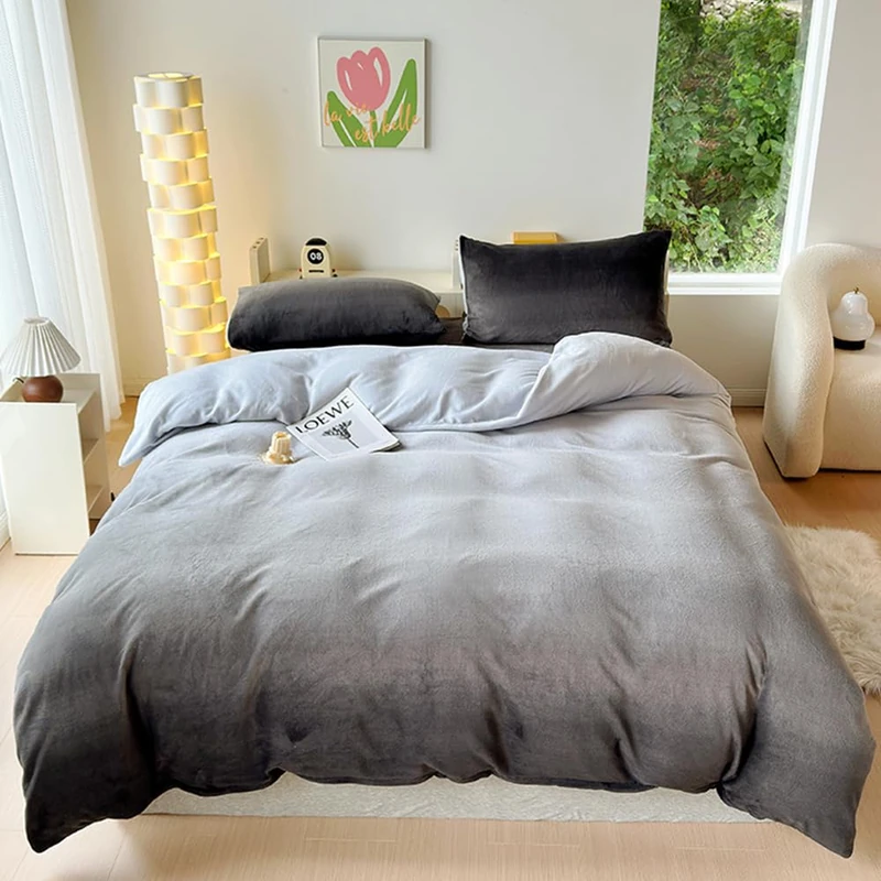 CLOTHKNOW Grey Gradient Velvet Full Size Comforter Set 3Pcs Fluffy Bedding Comforter Sets Soft All Season Comforters