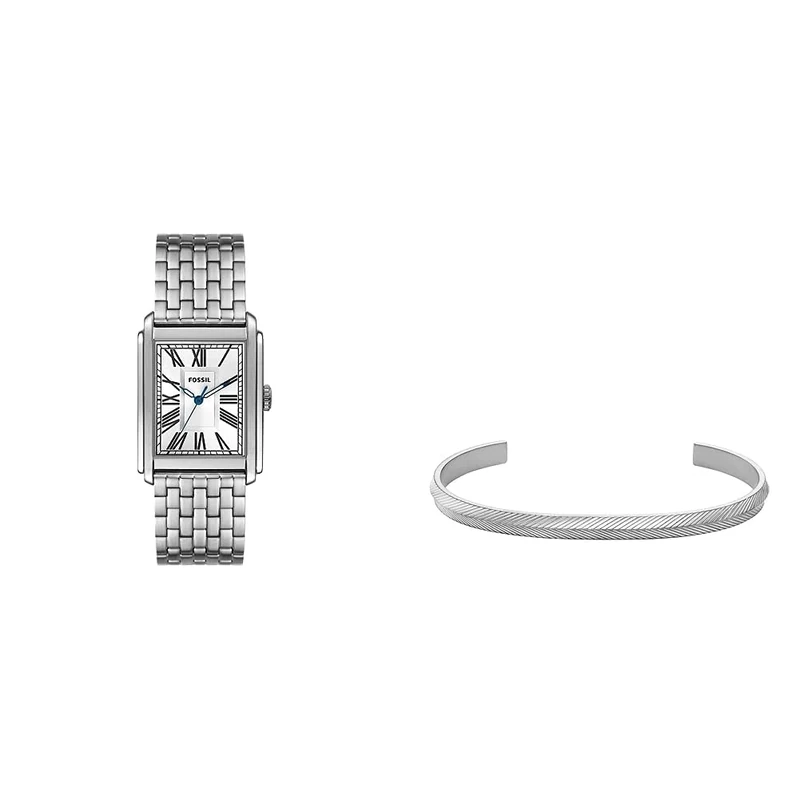 FOSSIL Men's Watch Carraway and Harlow Cuff Bracelet - Three-Hand Movement, Stainless Steel Watch and Linear Texture Stainless Steel Bracelet