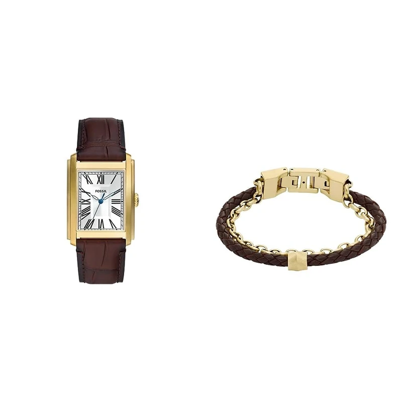 FOSSIL Men's Watch Carraway and Leather Bracelet All Stacked Up- Three-Hand Movement, Gold-Tone Stainless Steel Watch