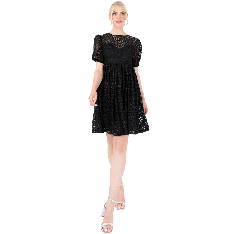 Lovedrobe Women's Mini Dress Ladies Short Sleeve Puff Animal Lace Keyhole Back Tie Empire High Waistline A-line for Party Cocktail Dress, Black