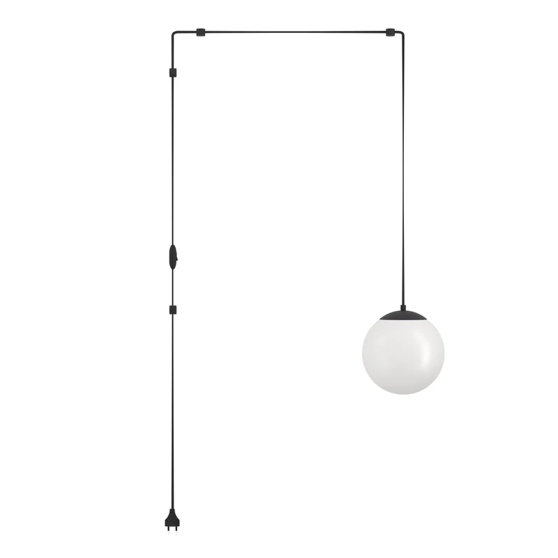 Eglo Plug in Pendant Light Rondo 3, Light Cord with Switch, Hanging lamp Made of Black Metal and White Glass, Ceiling Light Fitting with E27 Socket